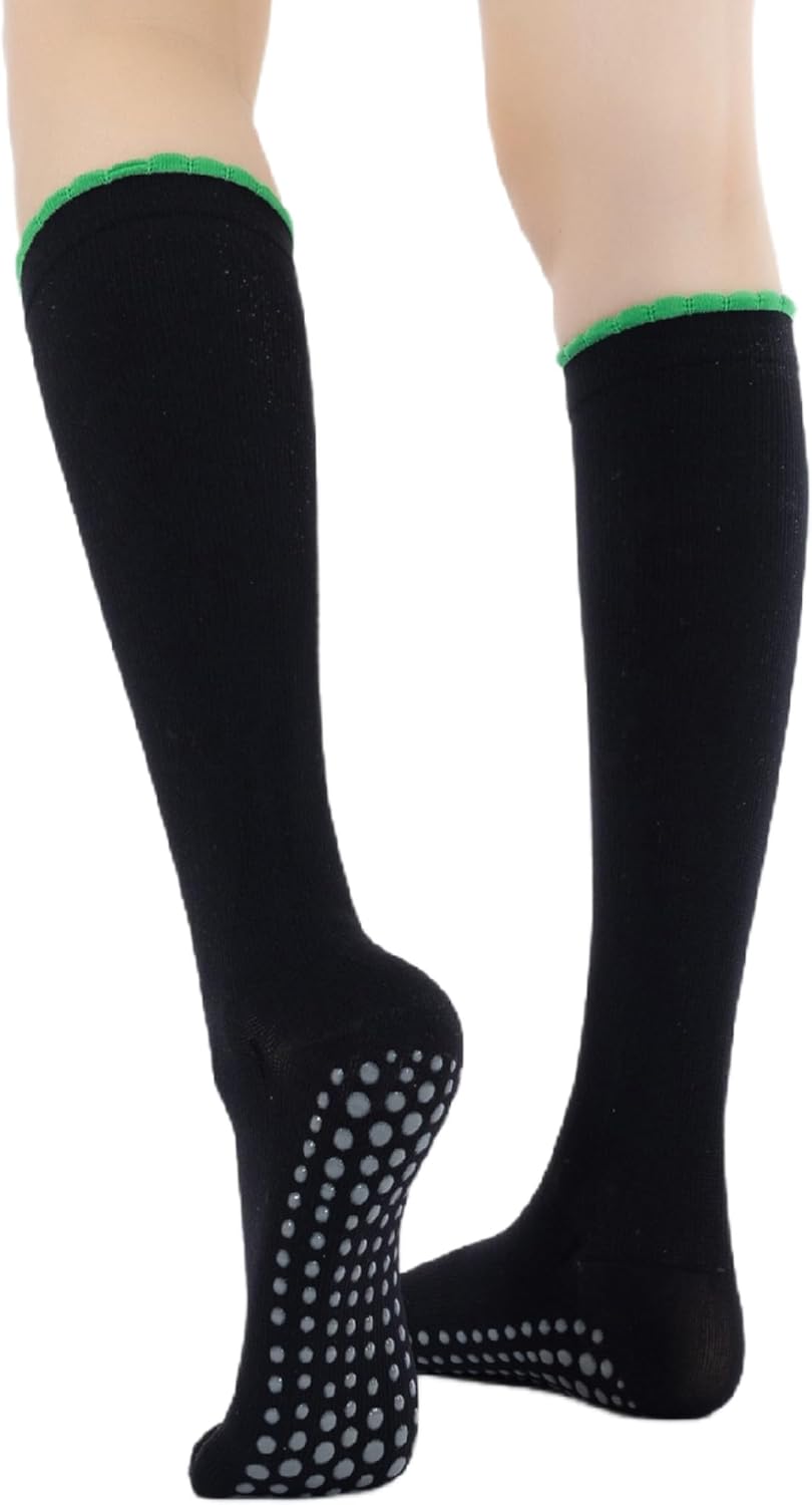 Verdancy Yoga Pilates Socks with Grips Ruffle Trim Non Slip Cushioned Knee Highs Over the Calf Socks for Barre Ballet Dance