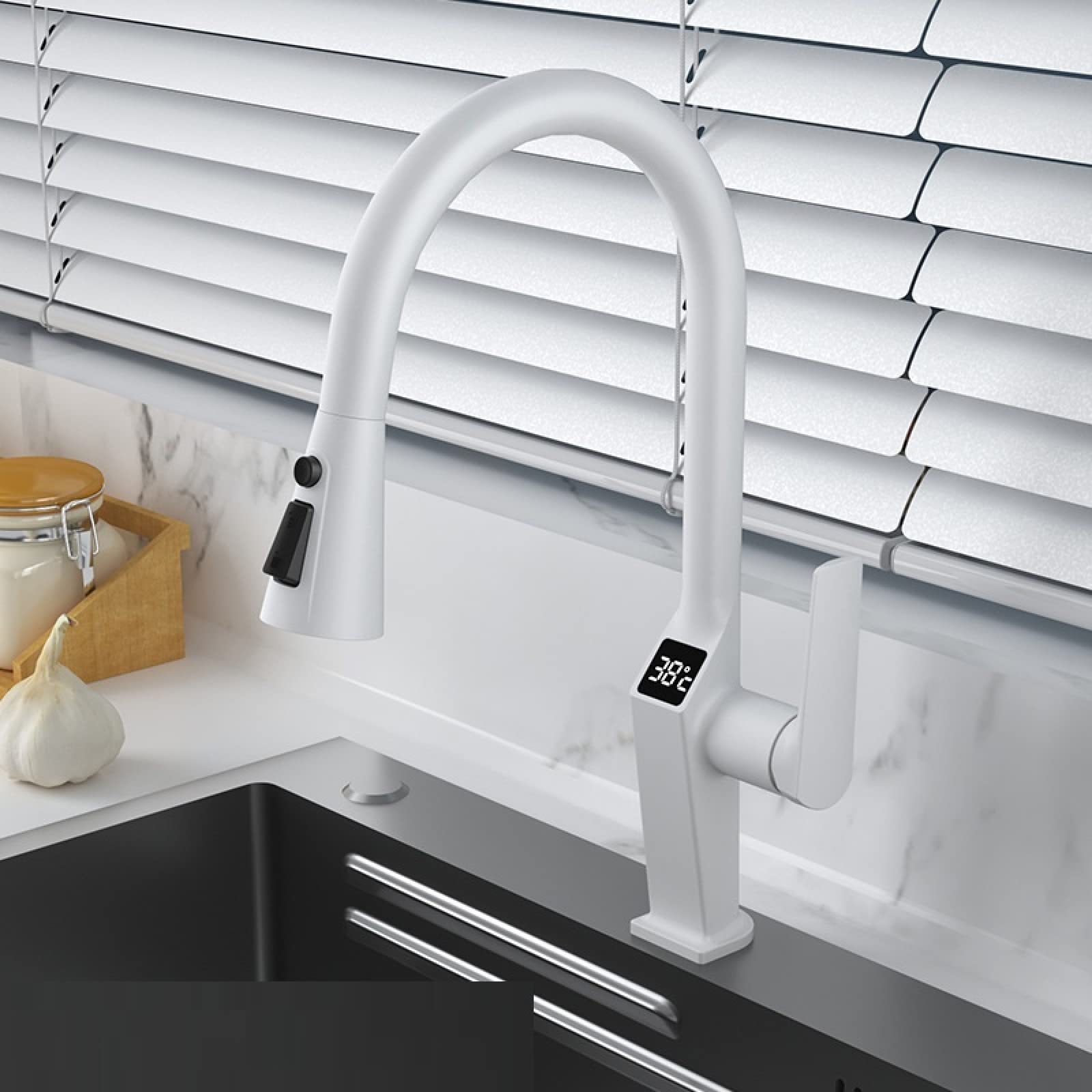Pistola pulverizadora universal para grifo de cocina de 60 cm, manguera telescópica, agua caliente y fría, pantalla digital, diseño giratorio gris, perfecto para una fácil limpieza y uso versátil
