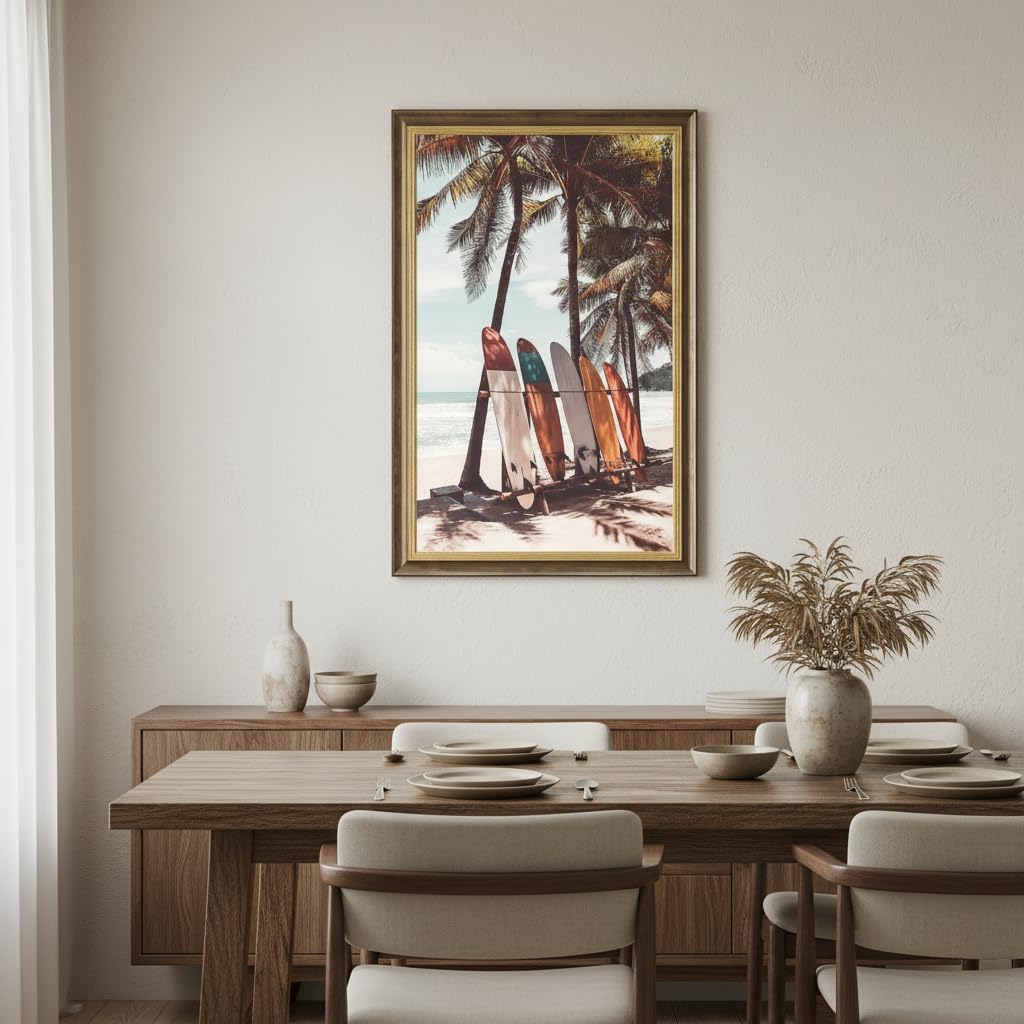 Coastal Canvas Wall Art Picture: Beach Scene Surfboard Framed Print Ocean Sea Surf Artwork Seaside Palm Tree Seascape Painting Decor for Bedroom Living Room 24’’ x 36’’