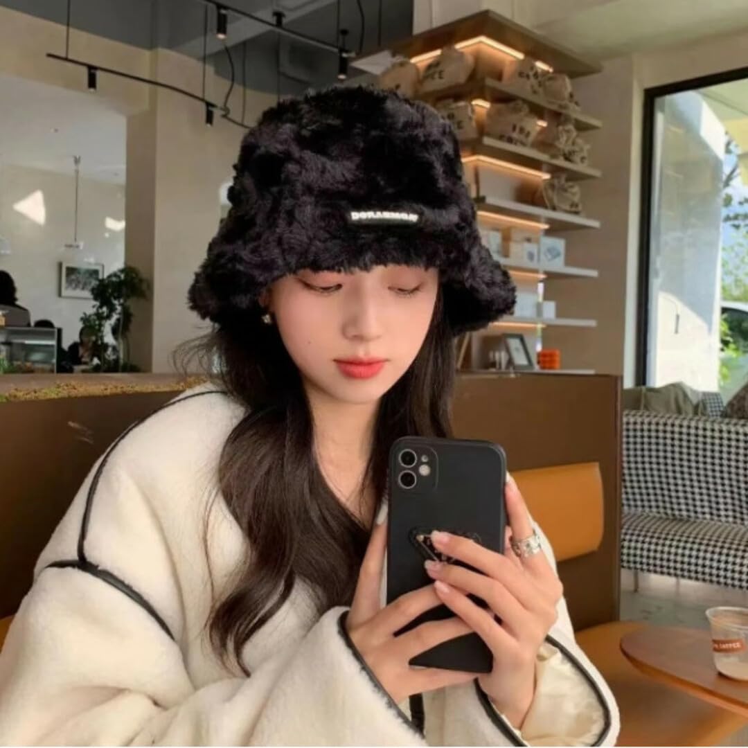 Amazon.co.jp: ブラックファーハット バケットハット ふわふわ バケハ