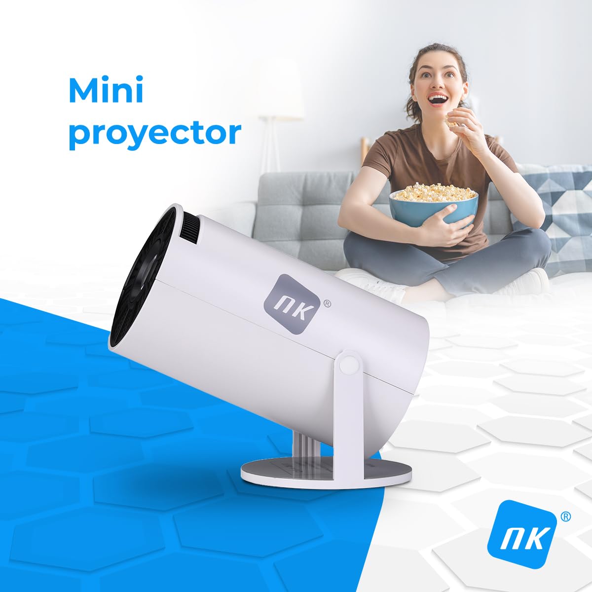 Mini projecteur Portable NK - Résolution Full HD 1080P (Compatible 4K), Android, WiFi, Bluetooth, Mirror Link, écran LCD en Verre de 2,69", Haut-Parleur intégré, HDMI et USB, Rotation à 180°