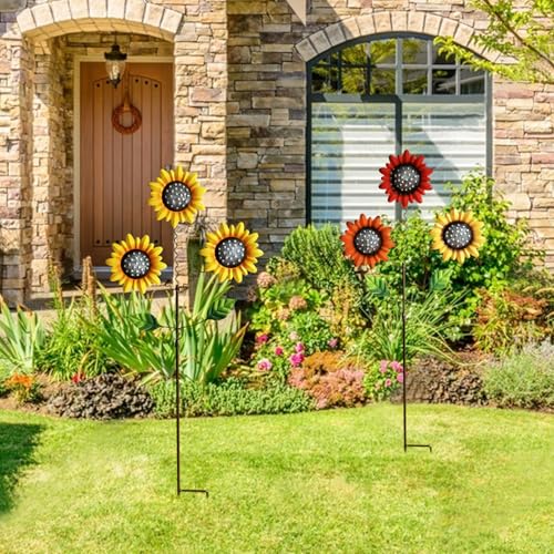 Image of Metal Flowers for Outside, 2 Pack Sunflower Garden Stakes | 29.5-Inch Metal Decorative Garden Stakes with Shaking Head Yard Art Decorations for Outdoor Garden Porch &Lawn Ornaments