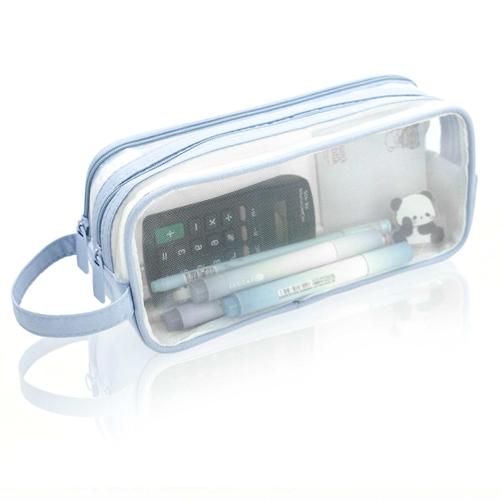 TamBee Clear Pencil Case for Exams, Small See Through Transparent Mesh Pencil Case for Boys Girls Pen Cases with 2 Compartments Zipper, Pen Pouch Bag Stationery Storage Organizer (Light Blue)