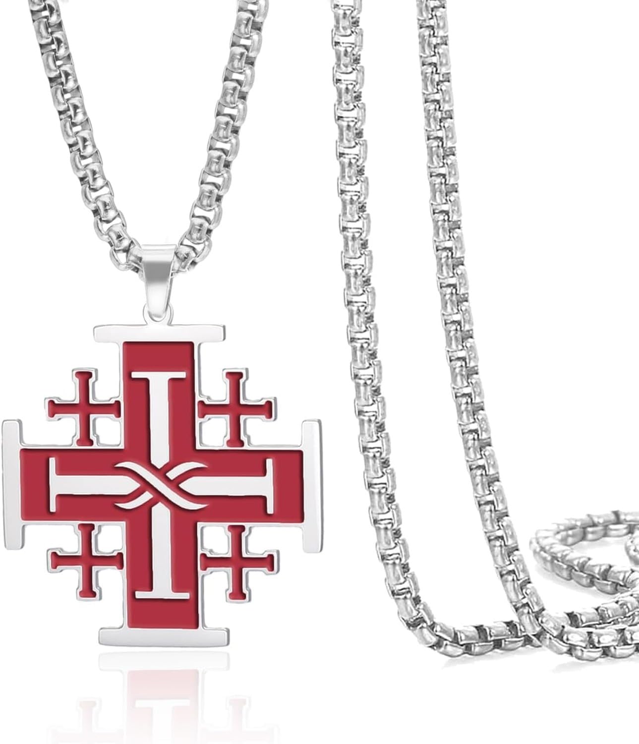 WOMGKDA Stainless Steel Jerusalem Cross Pendant Necklace Crusaders Statement Religious Amulet Prayer Medieval Baptism Jewelry Gift for Men Women, Red
