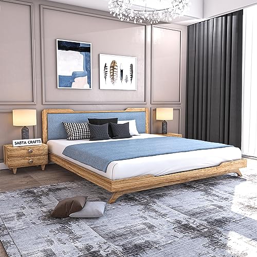 Image of Wooden Double Bed Without Storage | Low Height Cot with Blue Upholstered Cushion Headboard | Solid Wood Sheesham, Brown Finish | Mattress Size: 78 X 48