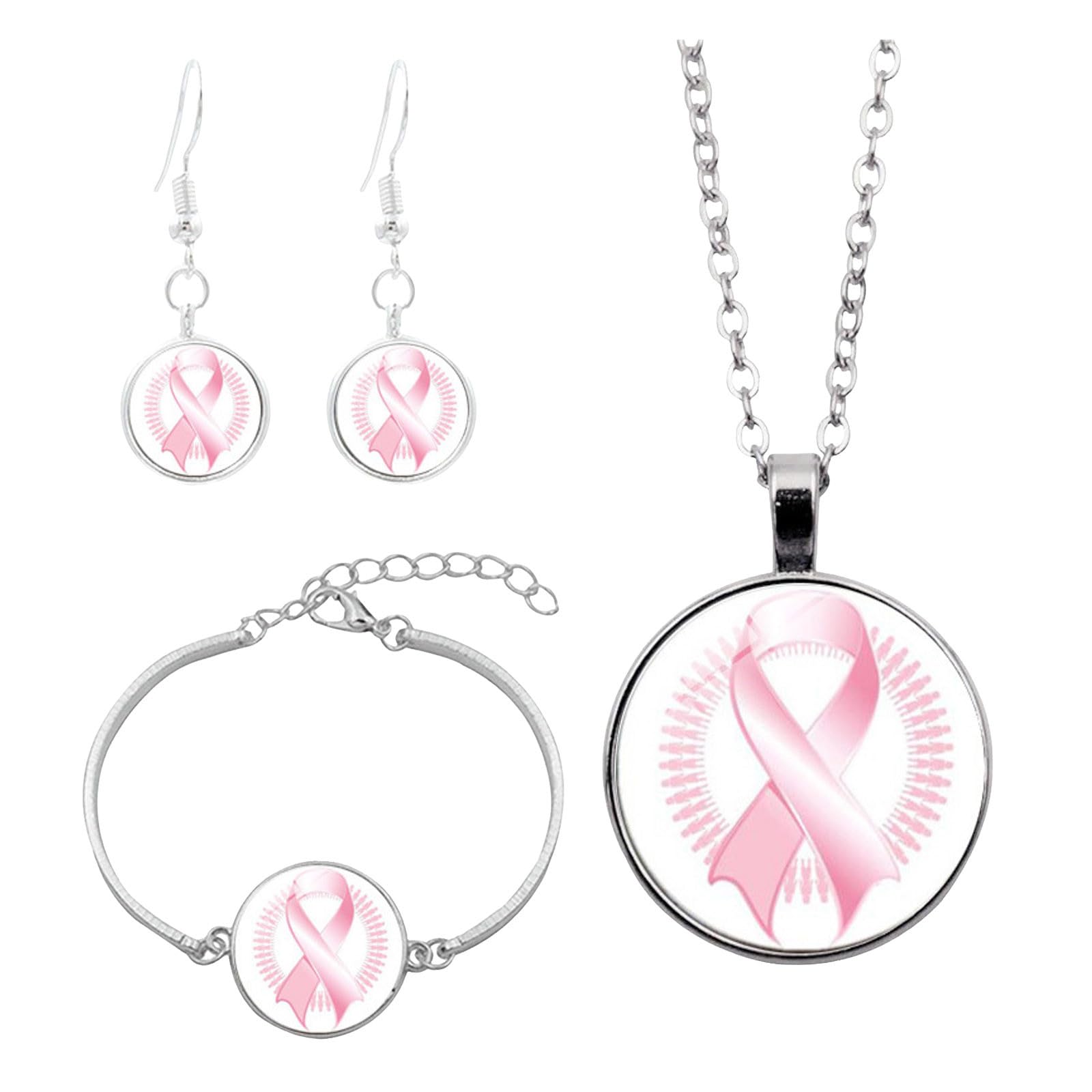 Ensemble Bijoux Sensibilisation Cancer Du Sein - Collier, Bracelet, Boucles D'oreilles Rose, Soutien élégant Octobre Rose