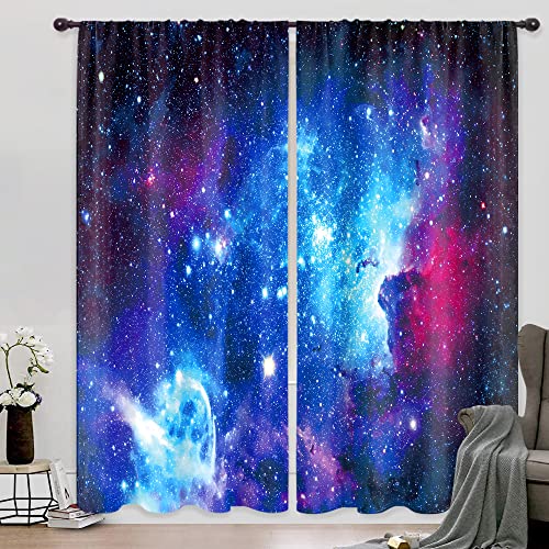 Riyidecor Galaxy Outer Space Nebula Curtains Blue Universe Starry Black Trippy Rod Pocket Planets Fantasy Mysterious for Boys Kids Child Bedroom Living Room Treatment Fabric 2 Panels 42Wx84H Inch