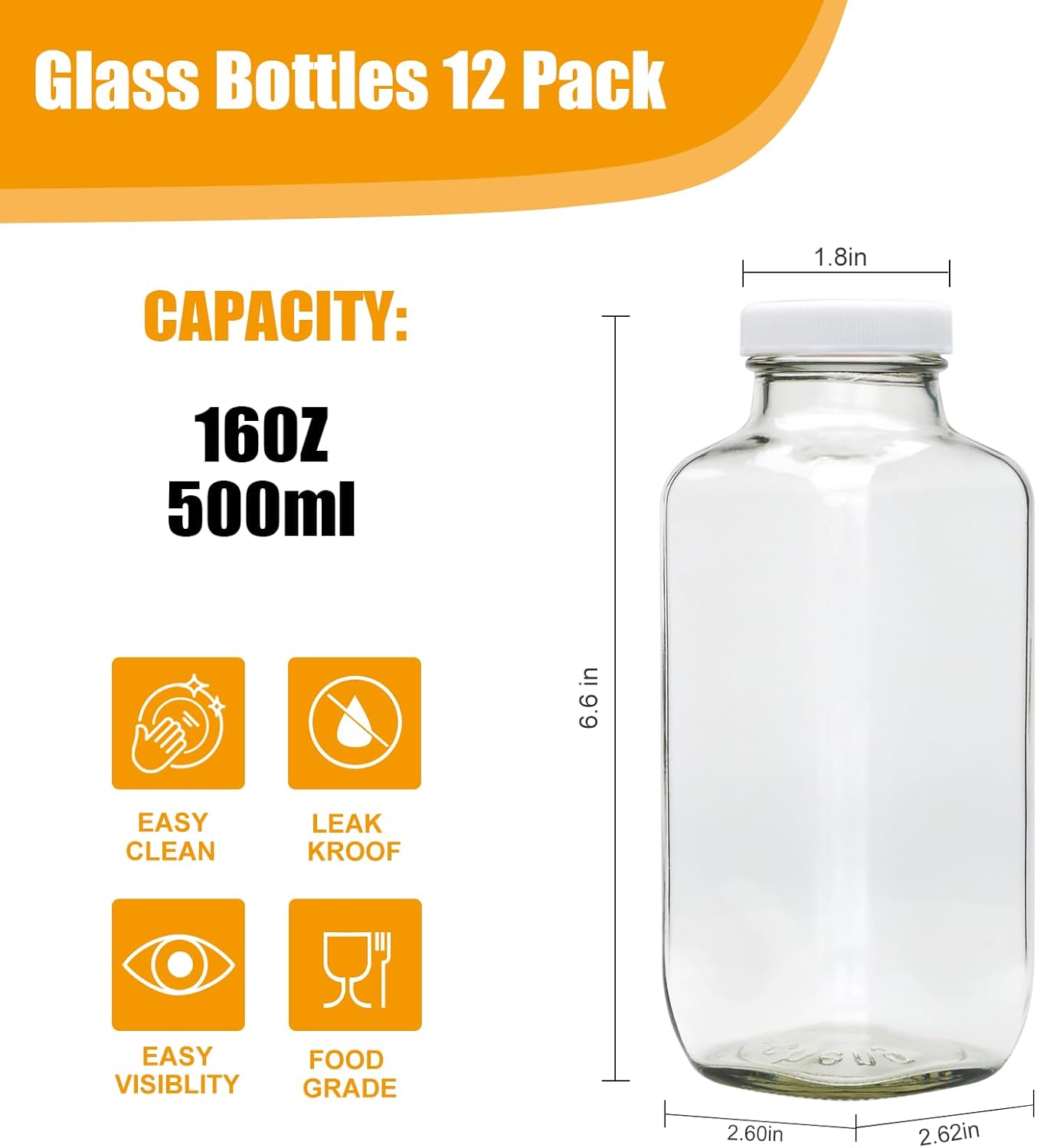 16 oz Juice Bottles with Lids,Reusable Glass Bottles for Drinks,12 Pack Water Bottle for Milk,Juice,Tea,Water,Honey,Jam,Kombucha,Honey,Portable Travel Bottle - Image 2