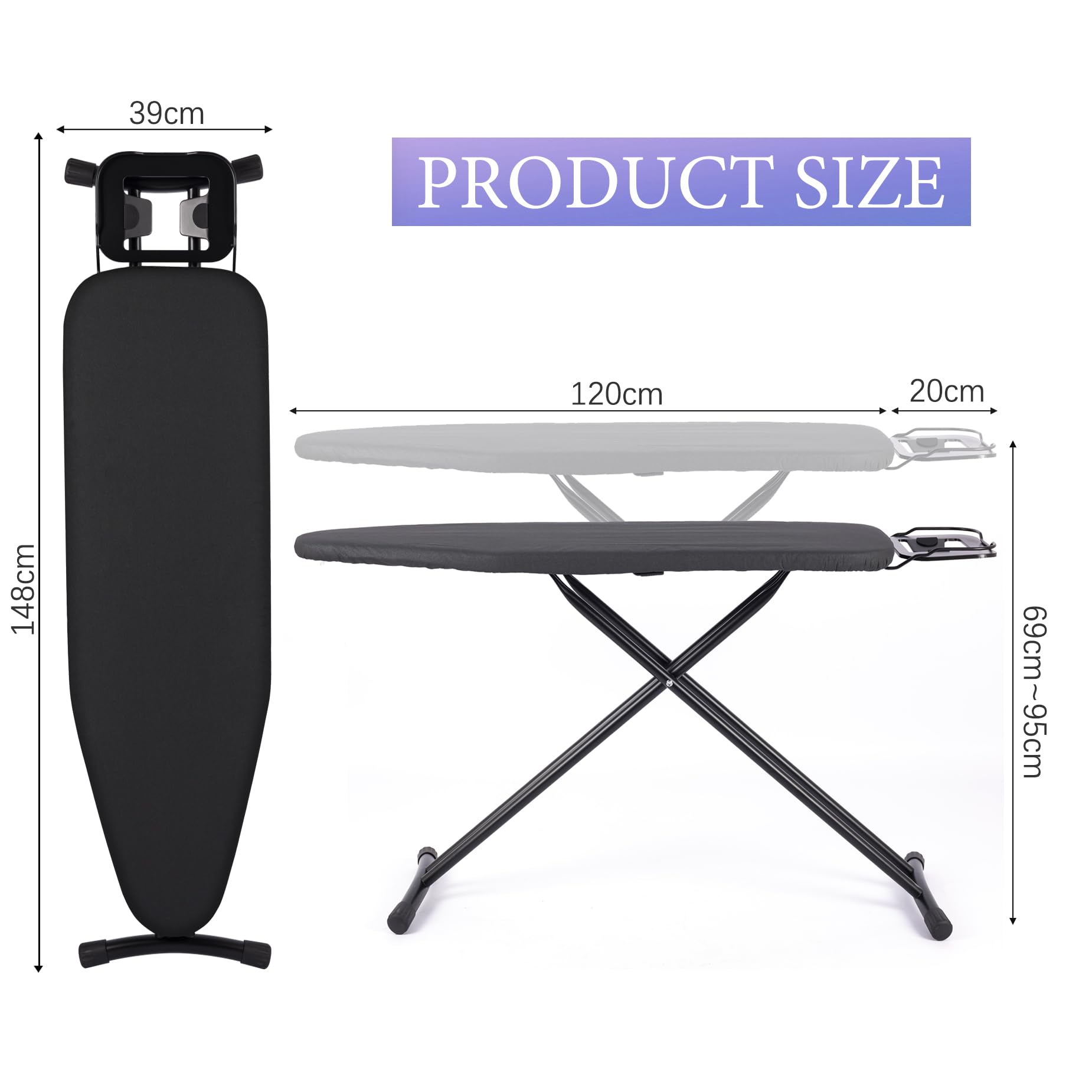 Bügelbrett Aoufottes ist höhenverstellbar, Bügeltisch für Dampfbügeleisen,Ironing Board, Dampfbügeltisch mit Zwei Seiten Bügeleffekt, 120x38cm Schwarz