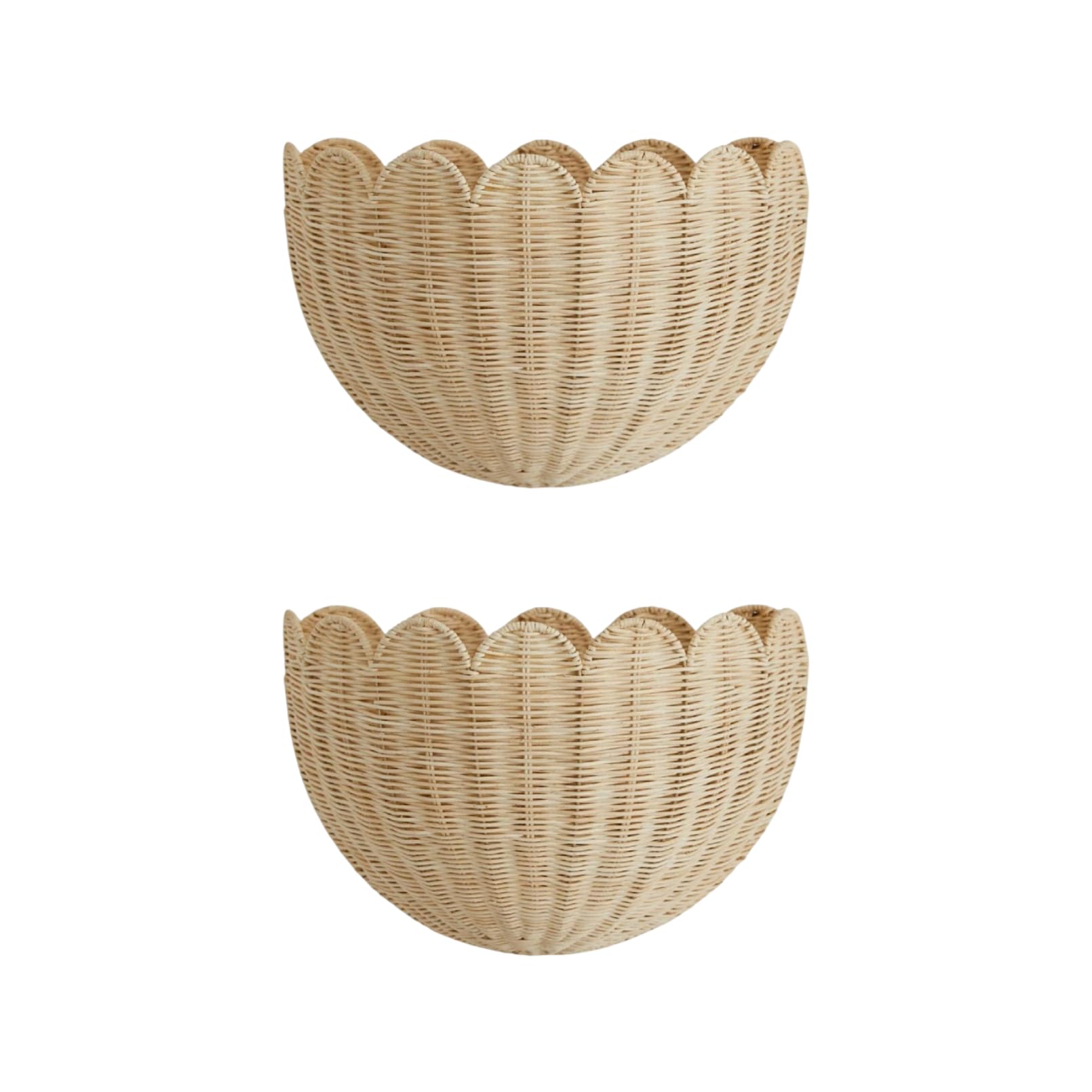 Handwoven Rattan Wicker Scallop Wall Hanging Basket Organizer - Woven Storage Decor for Entryway, Kitchen, Bathroom, Bedroom, Living Room (Imitation Vine Color, 2 PCS)