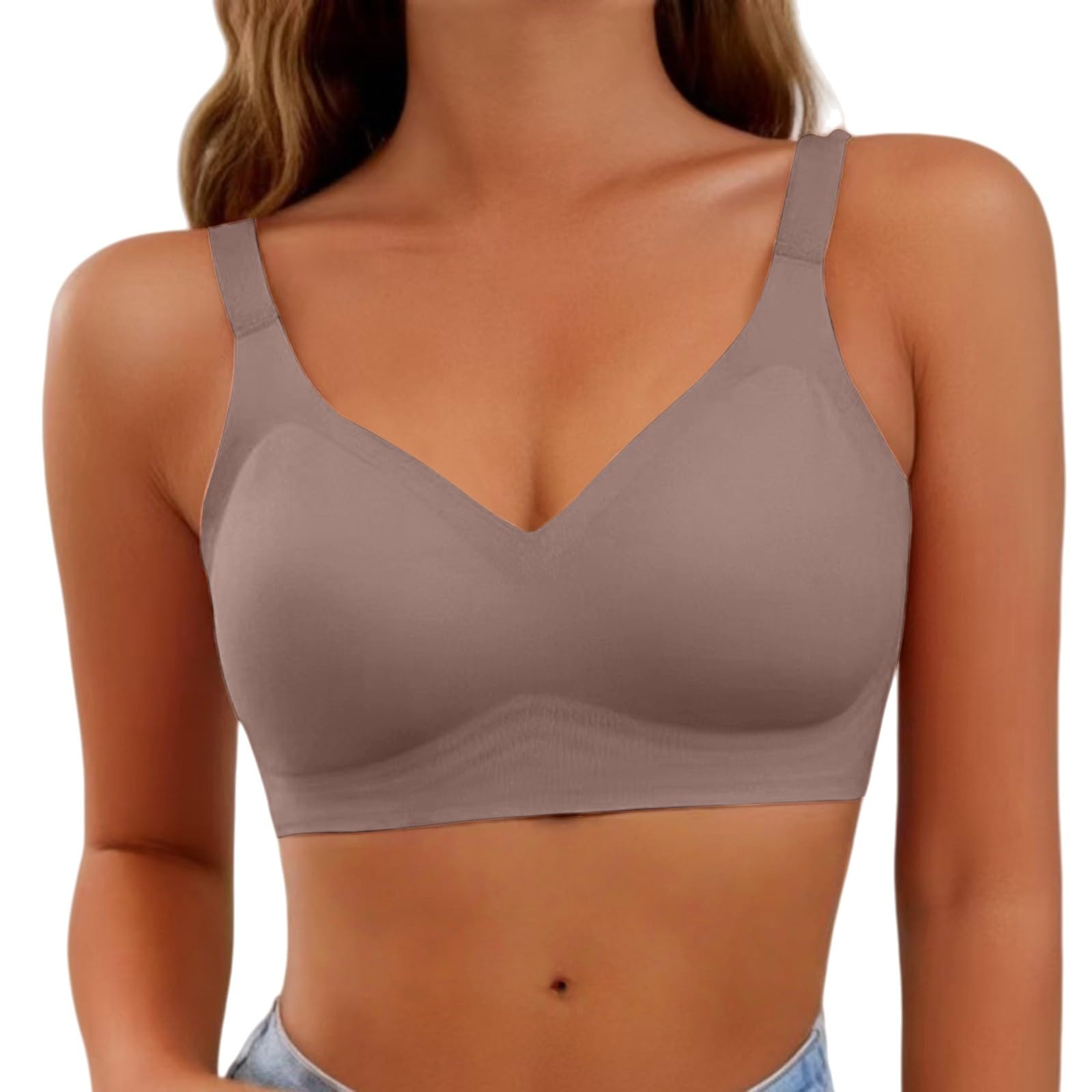 Jelly Bras for Women Push Up Seamless Non Wired Bras Anti Sagging Support High Impackt Sports Bra for Large Bust Soft Comfort V Neck Wireless Full Coverage Padded Zero Feel T Shirt Everyday Bralettes