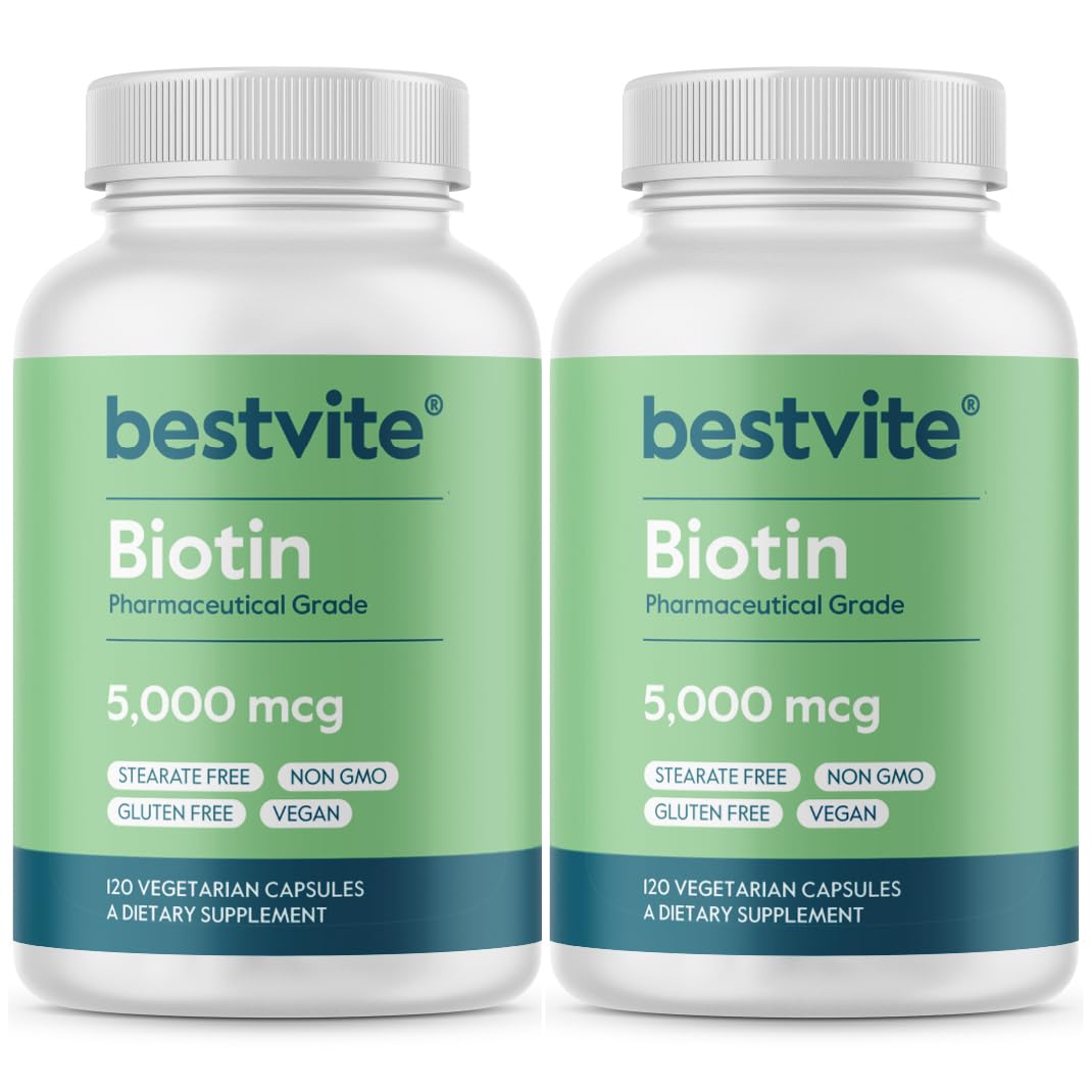 BESTVITE Biotin 5000mcg (240 Vegetarian Capsules) (120 x 2) - No Stearates - No Flow Agents - Vegan - Non GMO - Gluten Free - Hair, Skin, Nails 1 Count (Pack of 240)