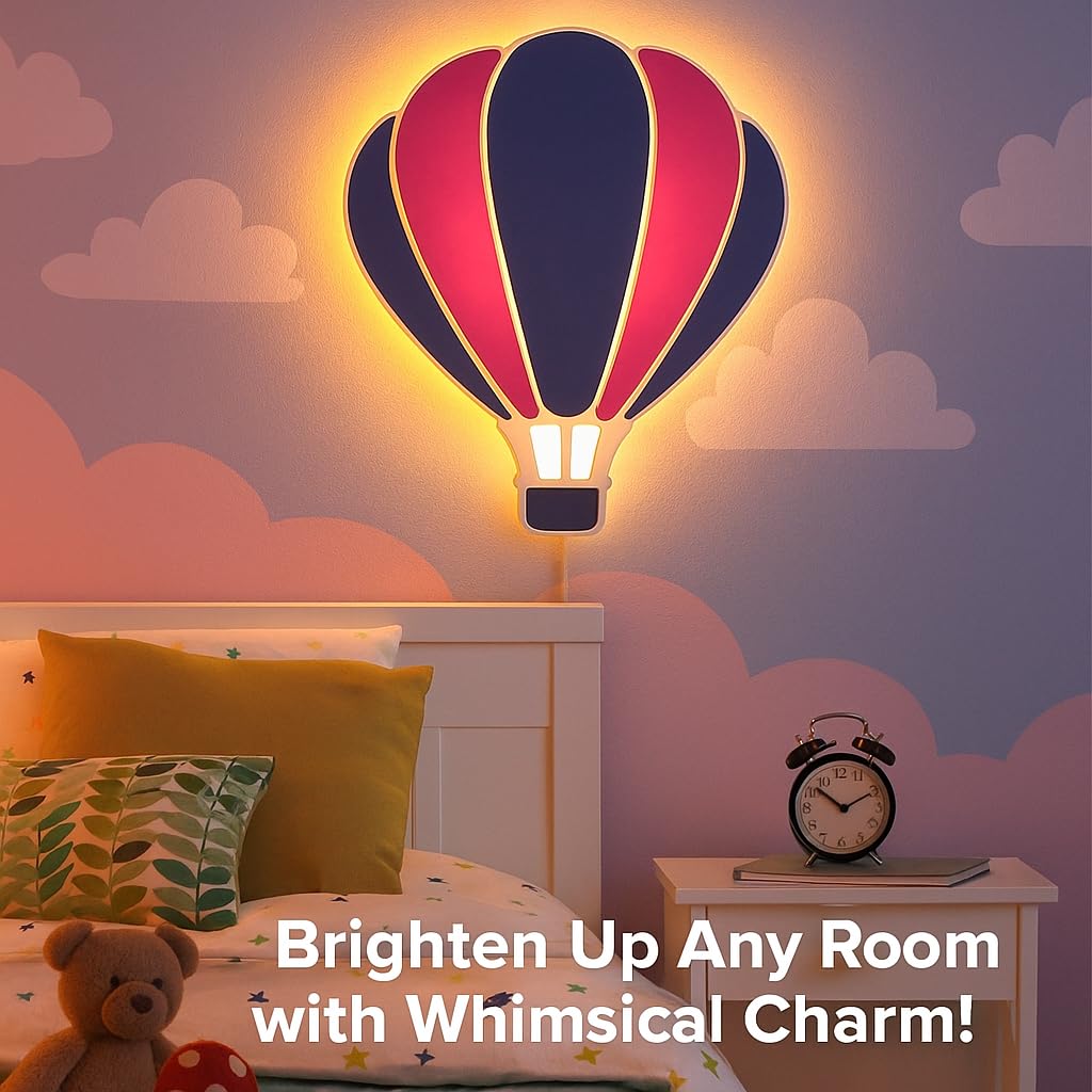 LET'S DIY Hot Air Balloon LED Wall Night Light, Decorative Lamp for Nursery and Kids Room, Blue and Gold