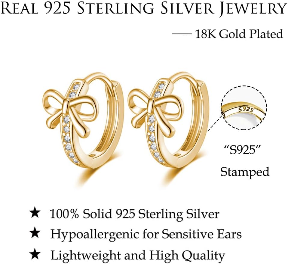 Reffeer Solid 925 Sterling Silver CZ Bow Hoop Earrings Ribbon for Women Teen Girls Bowknot Hoop Earrings Huggie - Image 6