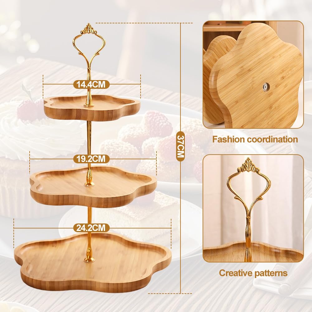 Soporte de 3 pisos de madera para cupcakes, soporte para cupcakes con mango de metal, soporte para frutas, 3 pisos, soporte para tartas, para cumpleaños, té de la tarde, fiesta de boda