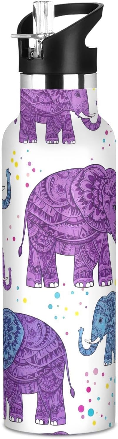 Kids Water Bottle with Straw for School 20 Oz Bottle for Boys Girls, BPA-Free, Cute Purple Elephants Purple Blue