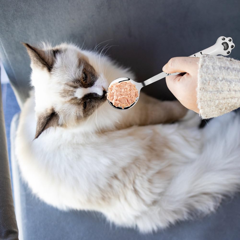 Cuchara de comida para mascotas 7 pulgadas, 2 paquetes de cucharas de latas de mascotas largas y tenedores de comida para perros, tenedores de cucharas de comida para gatos de acero inoxidable, tenedo