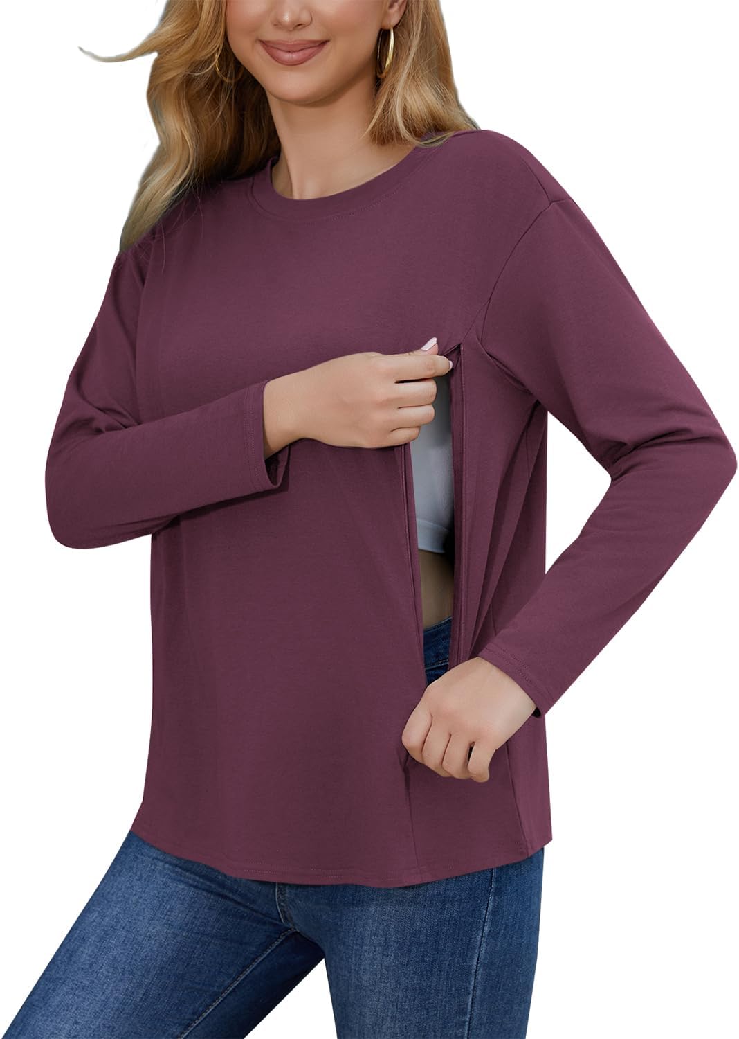 Women's Nursing Tops for Breastfeeding Long Sleeves Casual Nursing Shirts with Hidden Zip Pregnancy Mama Clothes