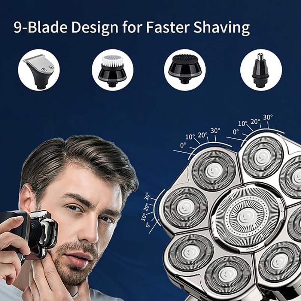 9D Head Shavers for Bald Men, 6 in 1 Detachable Bald Electric Head Shavers with LED Display Waterproof Wet/Dry Grooming Kit for Travel/Home/Office