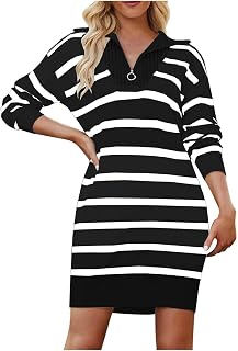 Long Sleeve Dress for Women Short Striped Knit Sweater Dresses Zipper V Neck Fall Dress School Outfits for Teachers