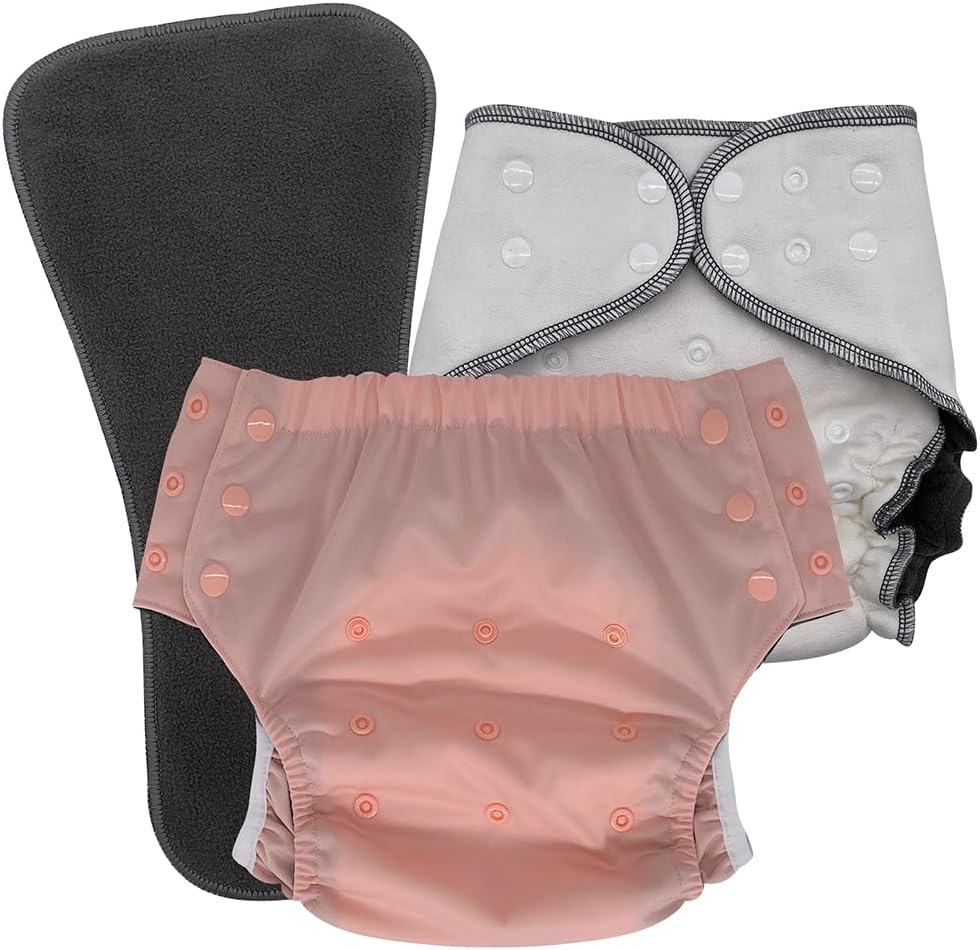EcoAble Nighttime Cloth Diaper Set for Big Kids, Age 6–16 | Special Needs Protective Briefs for Incontinence & Bedwetting (Blush, Junior 2)
