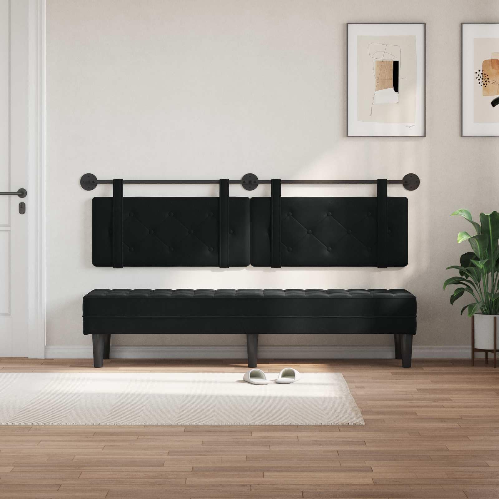 Cabecero colgante de terciopelo negro con diseño acolchado, marco de madera, montaje en pared, 170 x 55 cm, juego de 2 unidades para dormitorio, habitación de invitados, cama doble