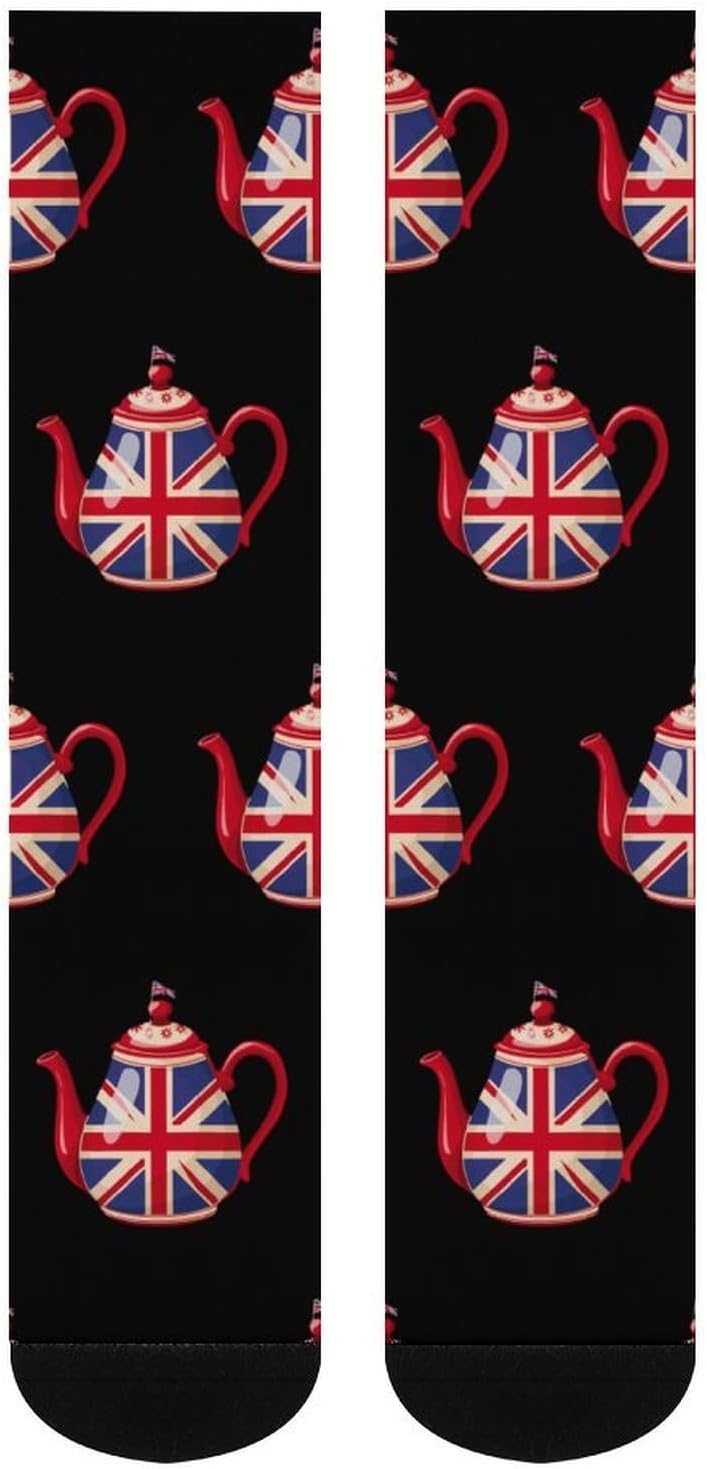 British Tea UK Teapot Union Jack Flag Knee High Socks Athletic Long Stockings Sport Casual Crew Tube Sock Boot 46cm