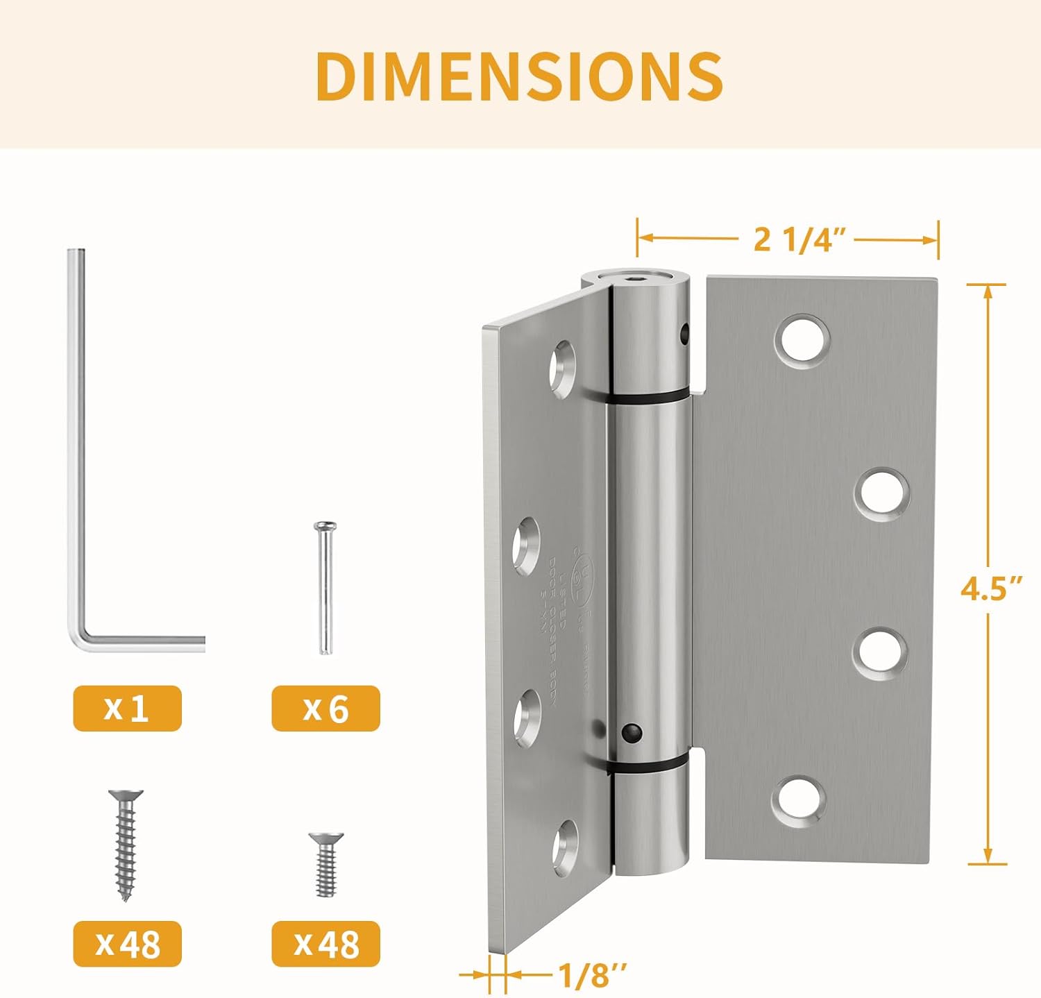 6 Pack Self Closing Door Hinges, 4.5" x 4.5" Spring Loaded Hinges with Square Corners, Adjustable Tension for Garage, Front Door, Back Door, for Left and Right Hand Door, UL Listed