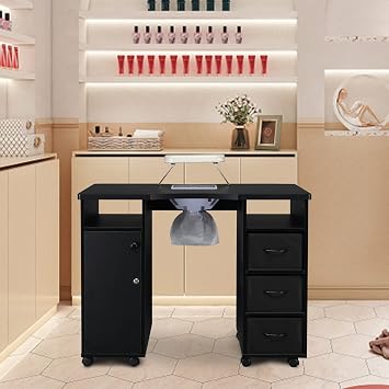 Manicure Table, Nail Desk, Nail Table with 4 Drawers, 2 Cabinet, Lockable Wheels, Nail Desk for Nail Tech, Beauty Salon Black4