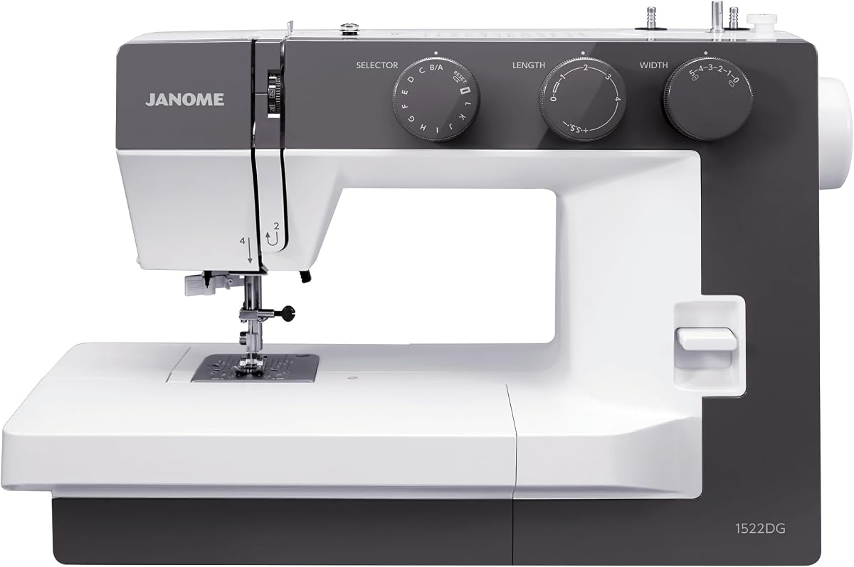 Janome 1522DG Máquina de coser mecánica - Máquina de coser estética gris oscuro para principiantes, 22 puntadas incorporadas, ojal de 1 paso, marco de metal resistente, enhebrador de agujas incorporado para un uso fácil