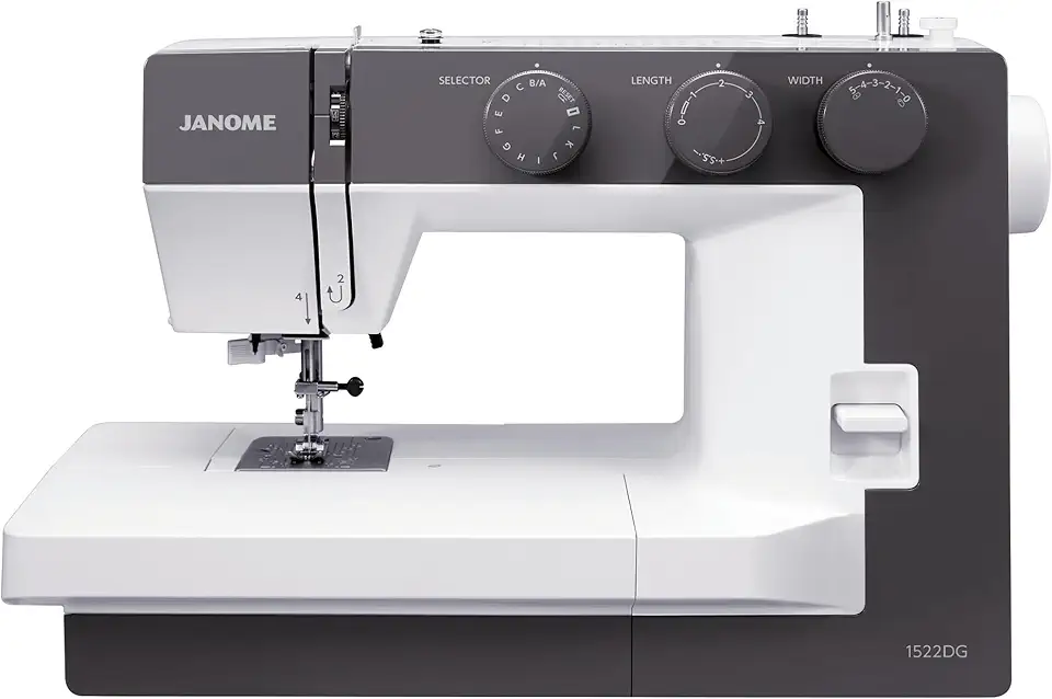 Janome 1522DG Cinza escuro: Máquina de costura: 22 pontos incluindo casa de botão de 1 passo, fácil rosqueamento automático de agulha com todos os ganchos de metal, caixa de bobina totalmente de metal