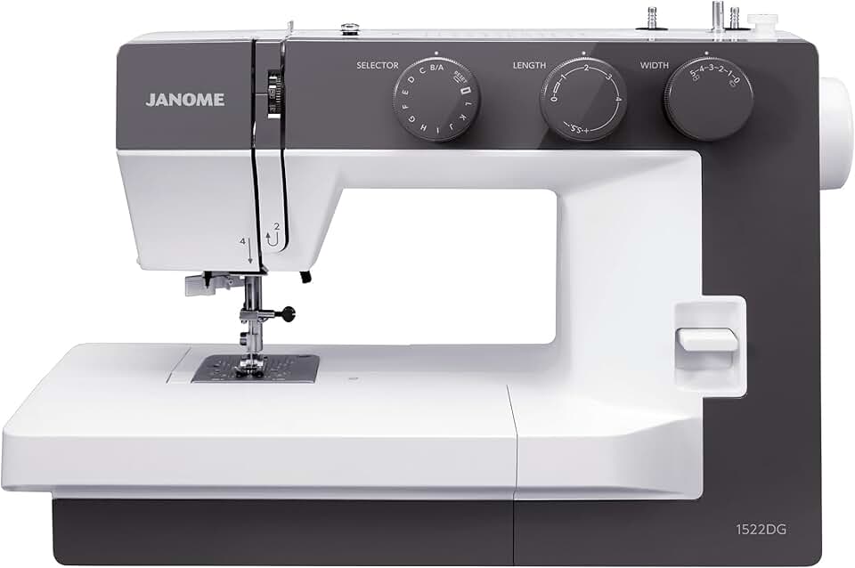 Janome 1522DG Cinza escuro: Máquina de costura: 22 pontos incluindo casa de botão de 1 passo, fácil rosqueamento automático de agulha com todos os ganchos de metal, caixa de bobina totalmente de metal
