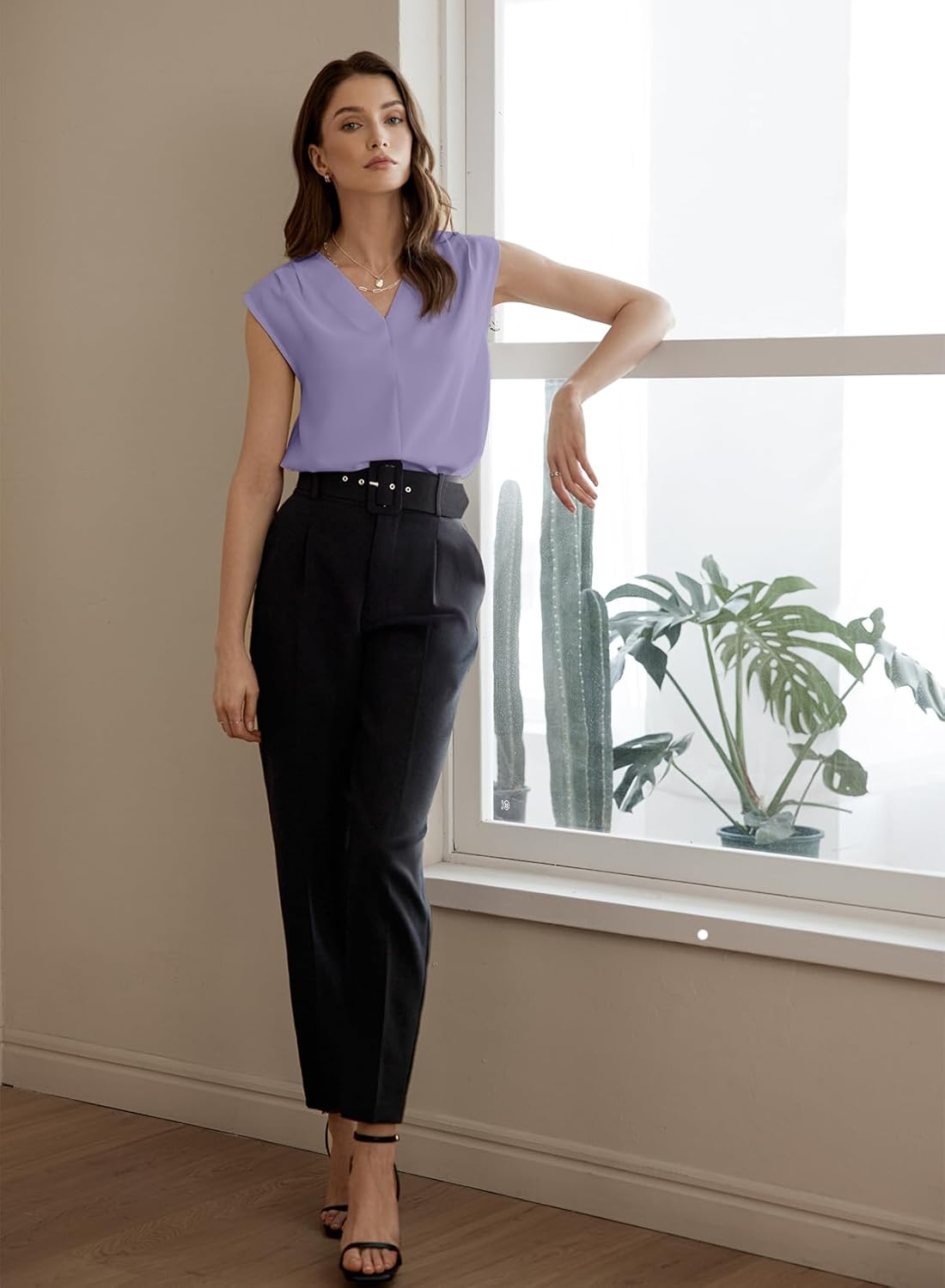 EVALESS Women's Pleated V Neck Sleeveless Tank Top - Image 5