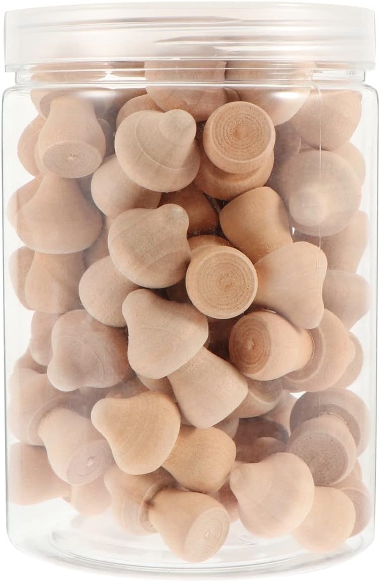 60pcs Wooden Mushroom Set Natural Unfinished Wood Mushrooms Shapes Mushroom Figurines Mini Wooden Peg Dolls for Christmas Arts and Crafts