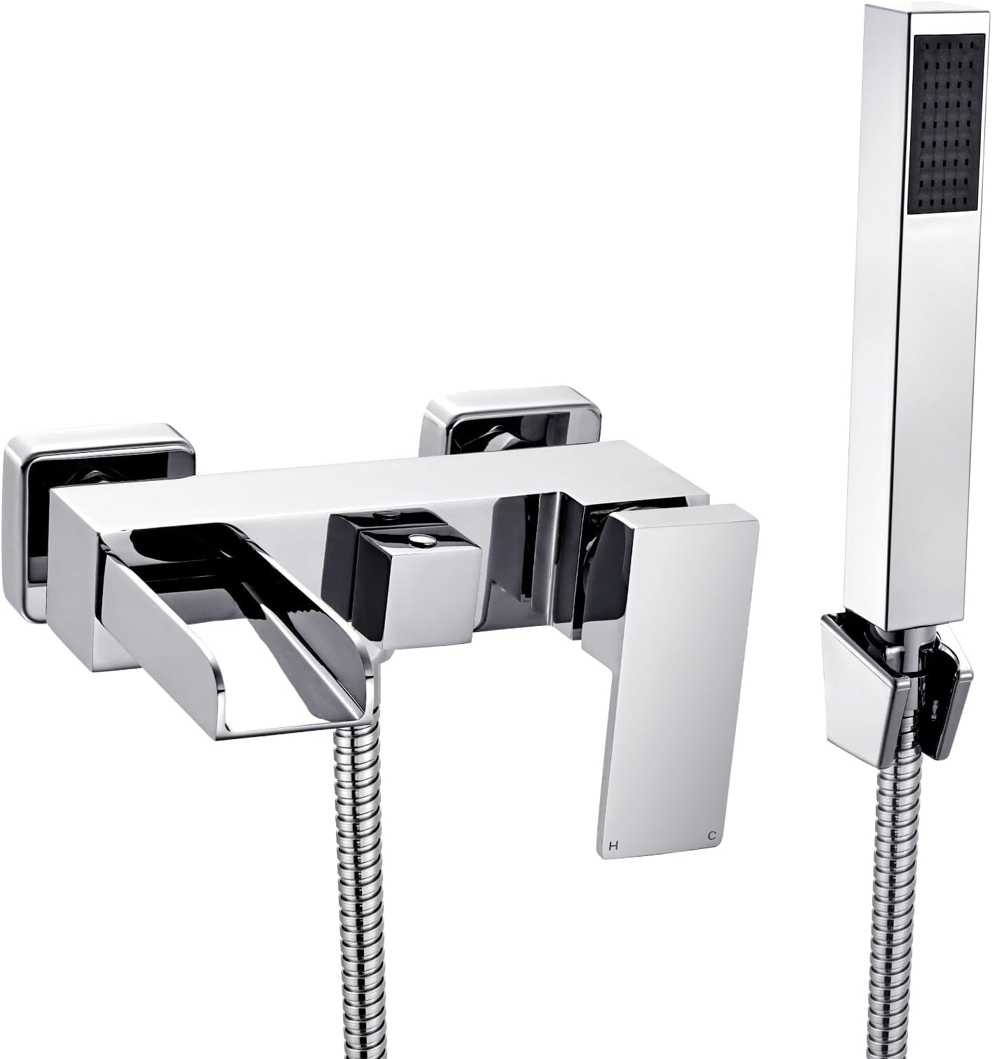 [Wall Mounted] Hapilife Bath Filler Waterfall Mixer Tap Bathroom Taps Mixers Square Bath Taps with Handheld Shower Head Chrome Tub Tap Wall Hung Single Lever