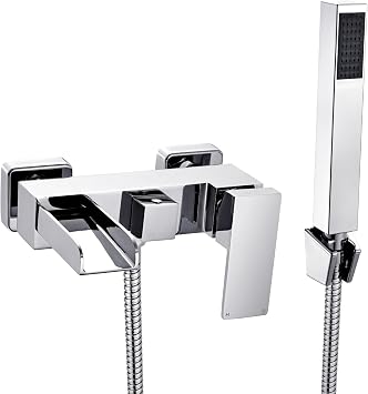 [Wall Mounted] Hapilife Bath Filler Waterfall Mixer Tap Bathroom Taps Mixers Square Bath Taps with Handheld Shower Head Chrome Tub Tap Wall Hung Single Lever