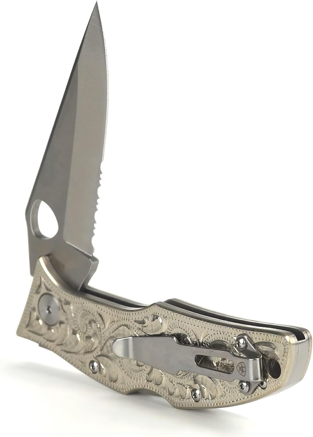 ARIAT Large German Folding Knife - Engraved Western Design (Silver Handle)