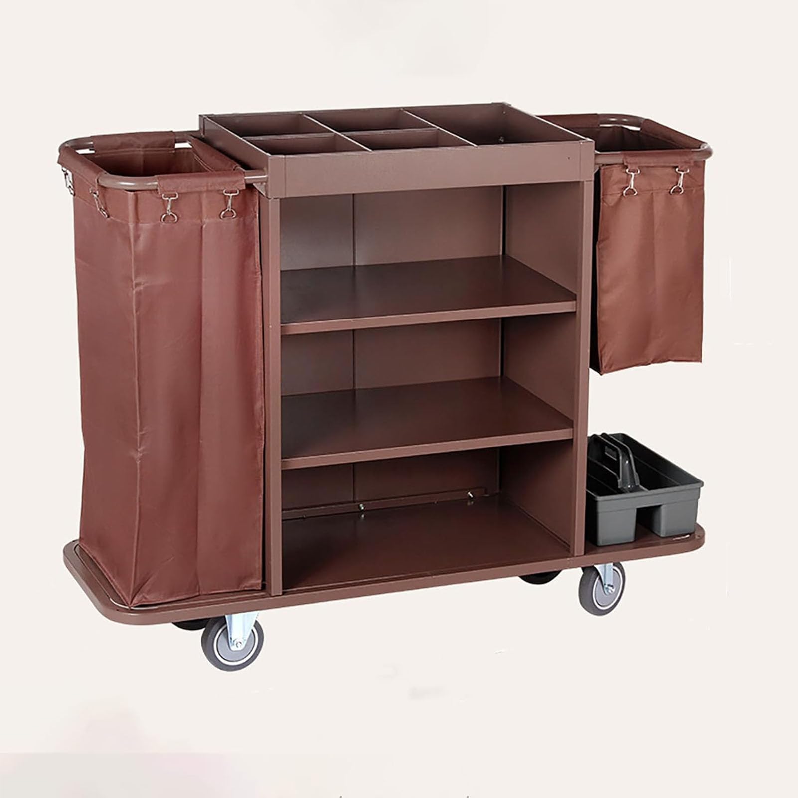 Carrito de limpieza con bolsas, carrito de limpieza comercial con ruedas para hoteles y alojamiento, diseño duradero para una limpieza eficiente, acabado marrón