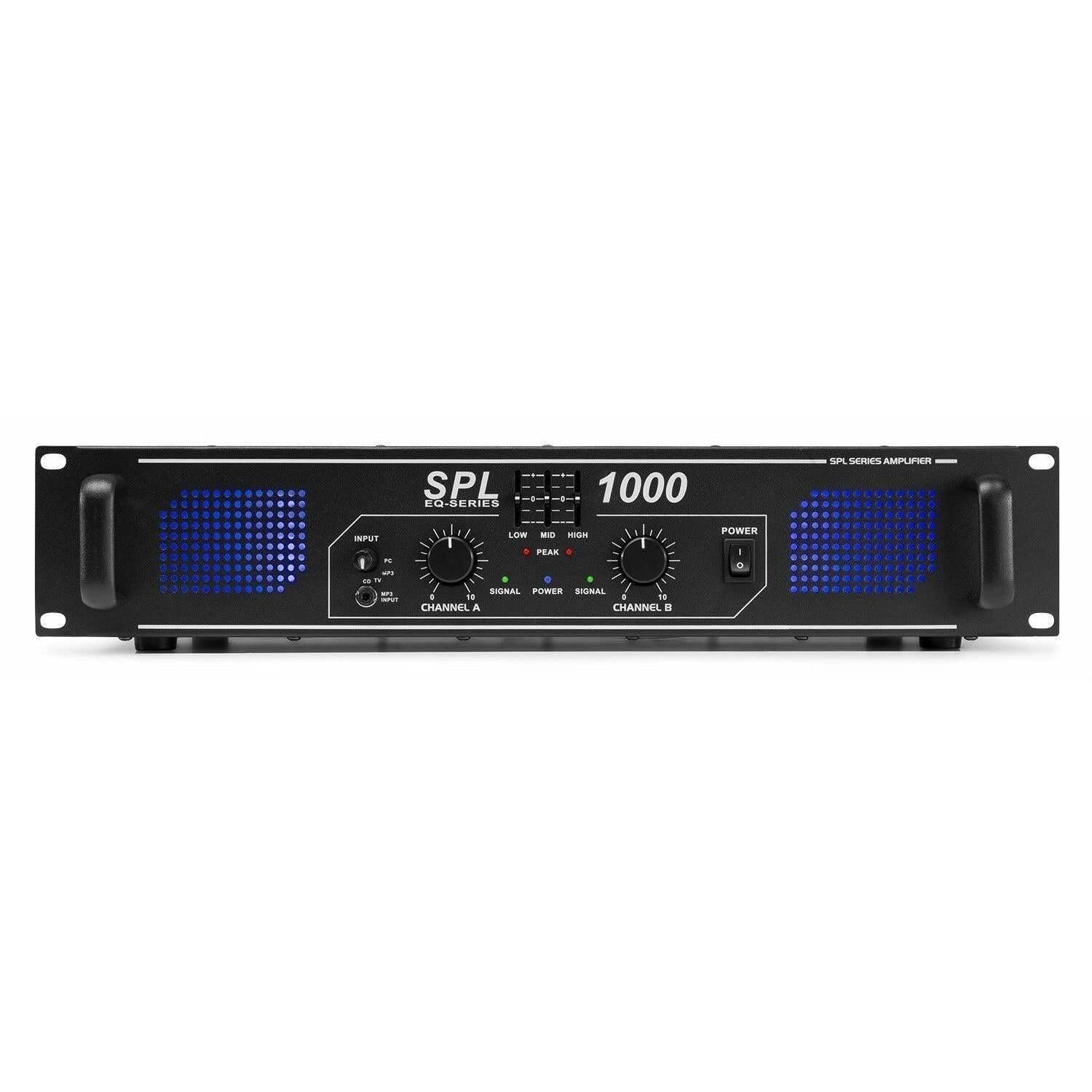 SkyTec SPL1000 PA Verstärker Endstufe 1000 Watt, mit 3-Band-Equalizer, 3 Kanal Input, Chinch, AUX, ideal für DJ Boxen, Clubs, Bars und Gastronomie, Schwarz