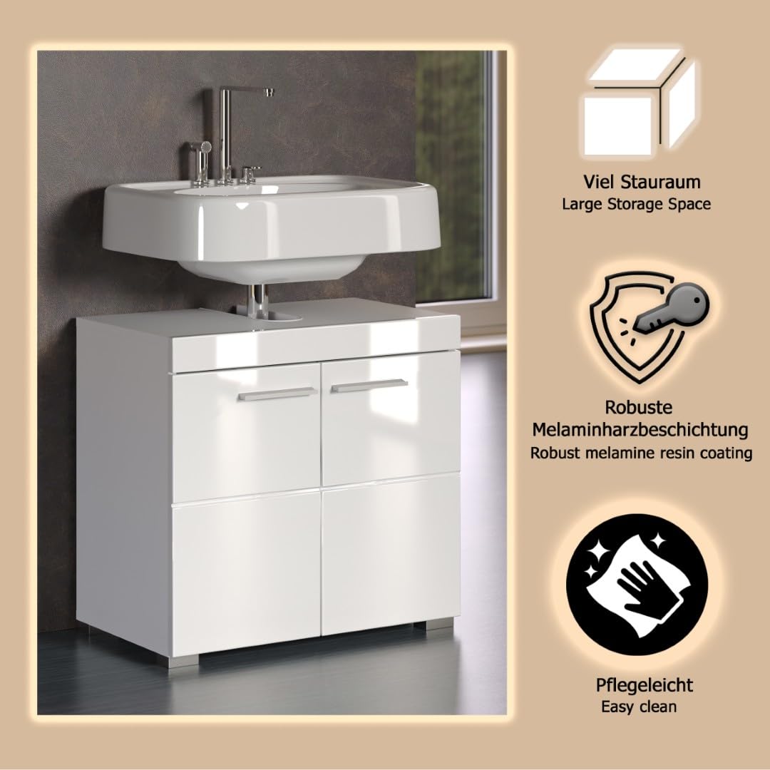 trendteam smart living - Amanda - Waschbeckenunterschrank - Weiß/Weiß Hochglanz - 1 Einlegeboden - (BxHxT) 60 x 56 x 34 cm - Kratzfest
