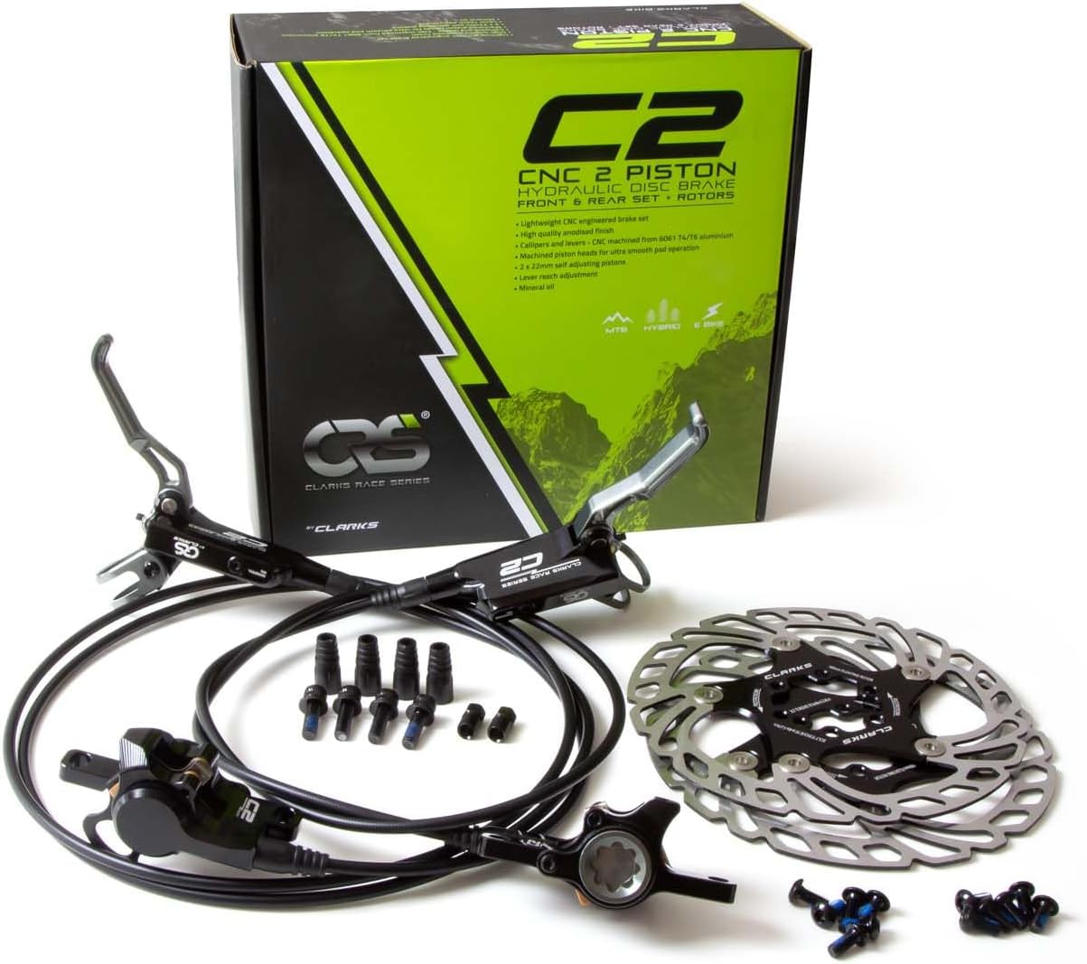 Clarks Race Series Hydraulic Disc Brake Set - CNC 2 Piston Front & Rear Brake Set and Rotors with Levers and Fittings for MTB, Hybrid & E-Bikes