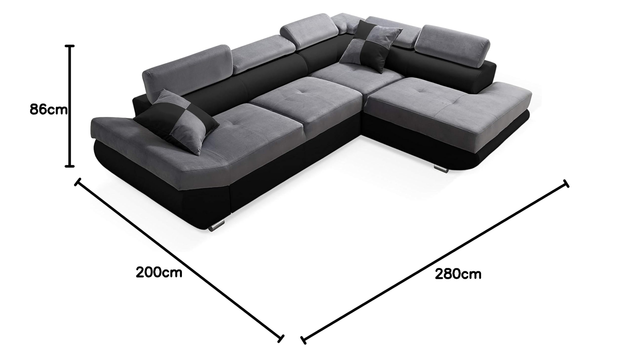 Robin Inspire Sofá Esquinero Modular de 4 Plazas - Sofá Cama en Forma de L Derecho - Arcón de Almacenaje, 5 Reposacabezas Ajustables, 2 Cojines - para Salón Moderno - 280 cm Saturn Gris Negro