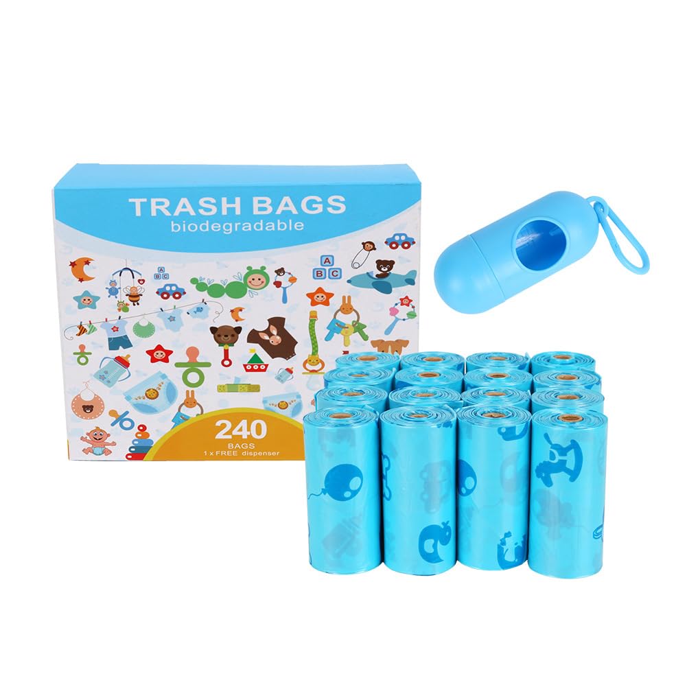 AUTENS Disposable Diaper Bags for Baby, 16 Rolls/240 Bags, Nappy Sacks Waste Bin Bags Biodegradable Disposal Bags with Dispenser, Compostable Baby Poop Bags Diaper Sacks Diaper Trash bag