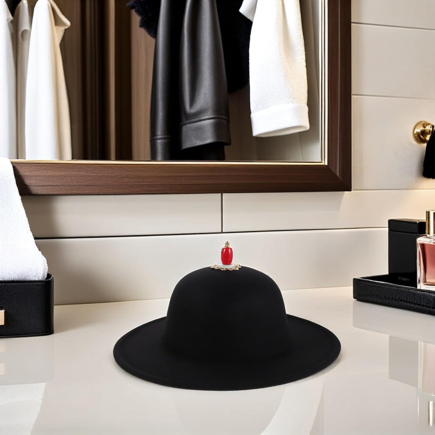 Black Dome Crown Felt Hat with Wide Brim for Historical Reenactment and Cosplay, Woolen Fabric Hat with Adjustable Chin Strap for Stable Fit and Easy Styling Compatibility