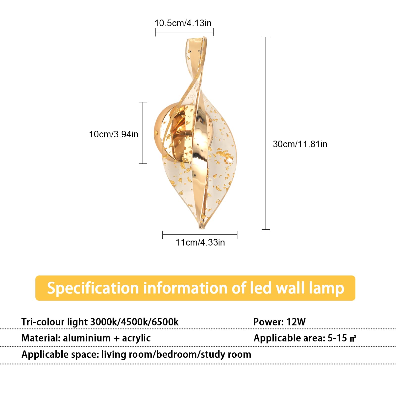 Comely 12W Lampada da Parete, 3 Temperature Applique LED 3000K/4500K/6500K | Oro 2000LM Lampade da Comodino Moderna LED per Corridoio, Camera da Letto, Soggiorno
