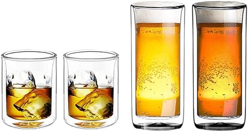 Miniatura 1 de Sun's Tea Juego de 4 vasos fuertes de doble pared, vasos de cerveza Highball de 16 onzas y vasos de whisky antiguos de 9 onzas (vidrio de