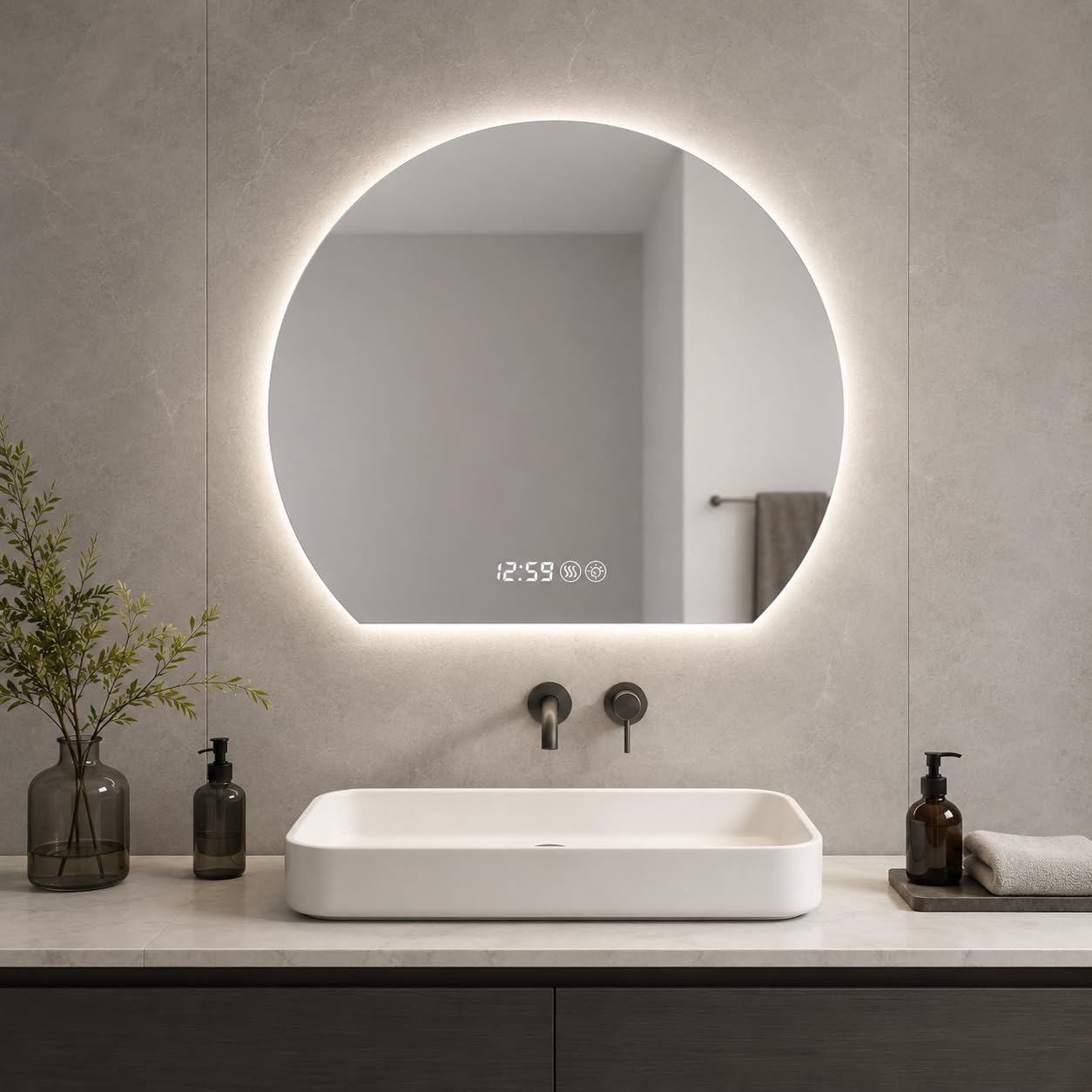 Specchio da bagno a LED, rotondo, 80 cm, dimmerabile, 3 colori di luce, orologio, anti-appannamento | Indicatore di temperatura, controllo touch, spina o collegamento diretto, per trucco, rasatura e cura quotidiana