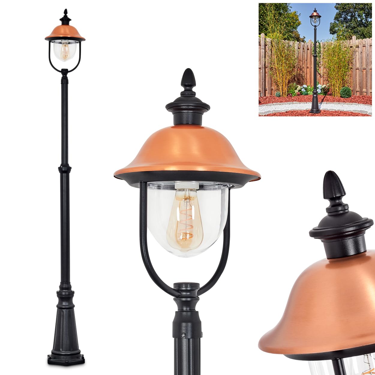 HOFSTEIN Kandelaber Gascon, lampada da esterno in metallo/plastica nero/rame/trasparente, regolabile design vintage/antico/rustico per giardino, esterno, cortile, 233 cm, 1 x E27, IP44