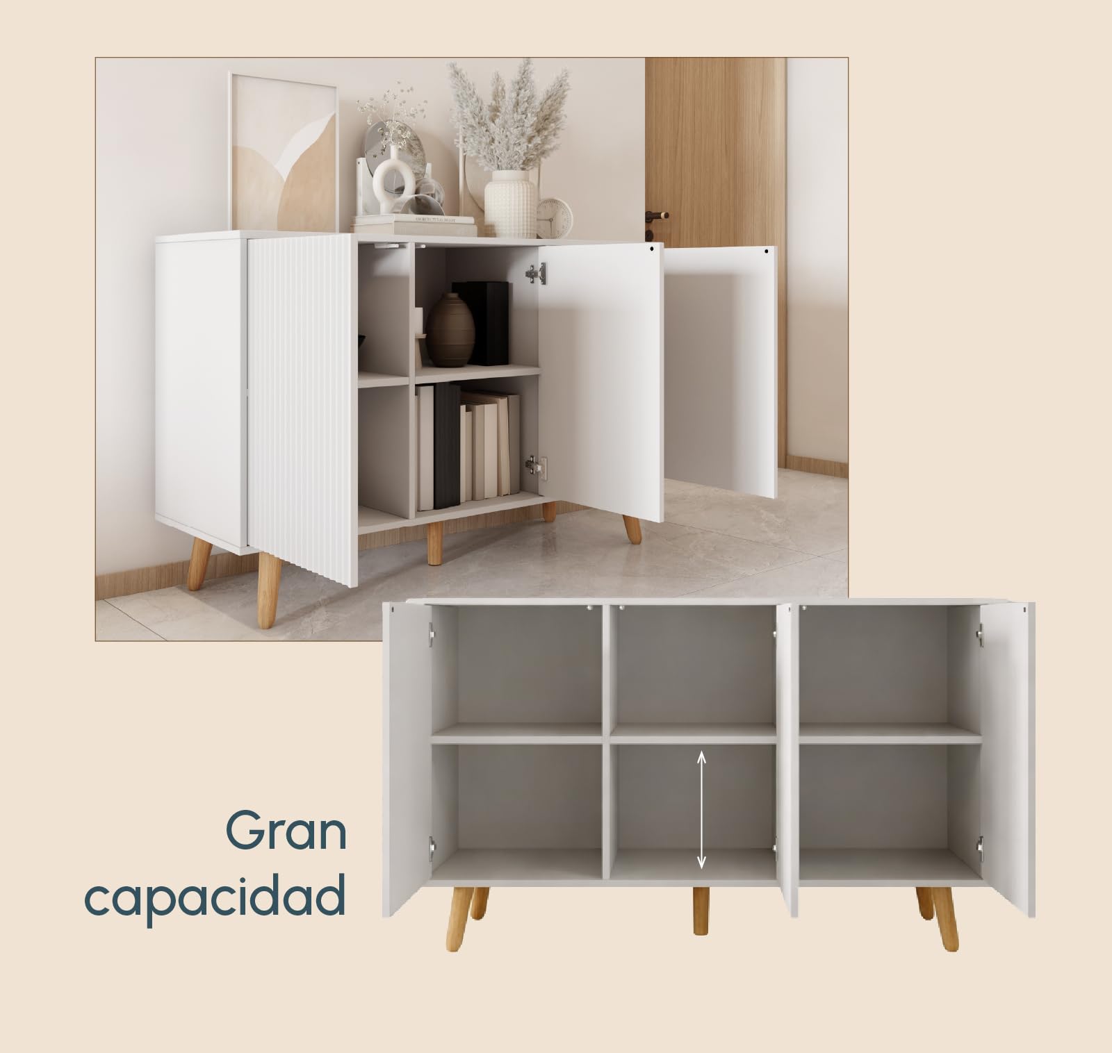MB Muebles Bonitos | Aparador Salón Blanco 120 cm Renzo | Mueble Auxiliar Diseño Acanalado 3 Puertas con Patas de Madera | Estilo Nórdico Moderno para Comedor | 120x76x40 cm