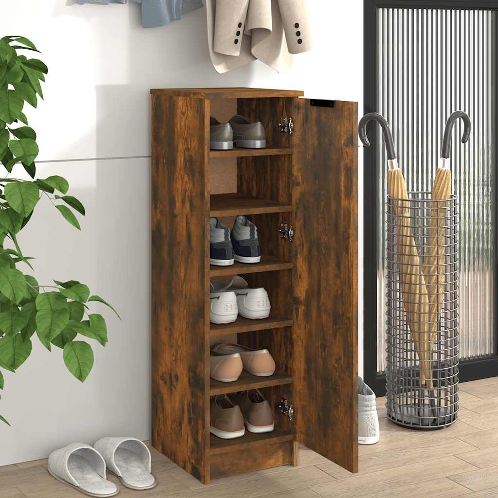 Elegante zapatero de roble ahumado de 30 x 35 x 100 cm con puertas y estantes, ahorro de espacio, solución de almacenamiento para entrada, moderno estante para pasillo